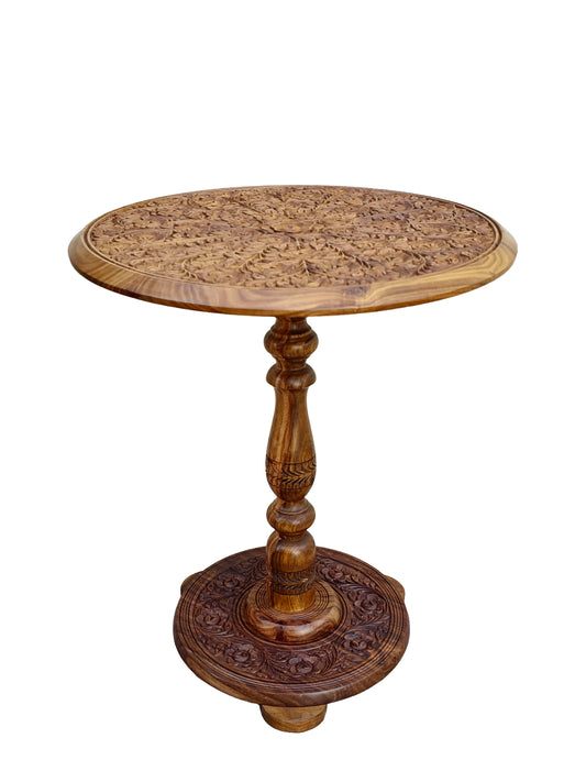 The Ziya Hand-Carved Floral Pedestal Side Table (MTO)