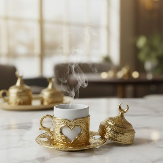 Small Ceremic Cup With Golden Plate And Cover Regal Crescent” Ceramic Cup with Brass Cover Set