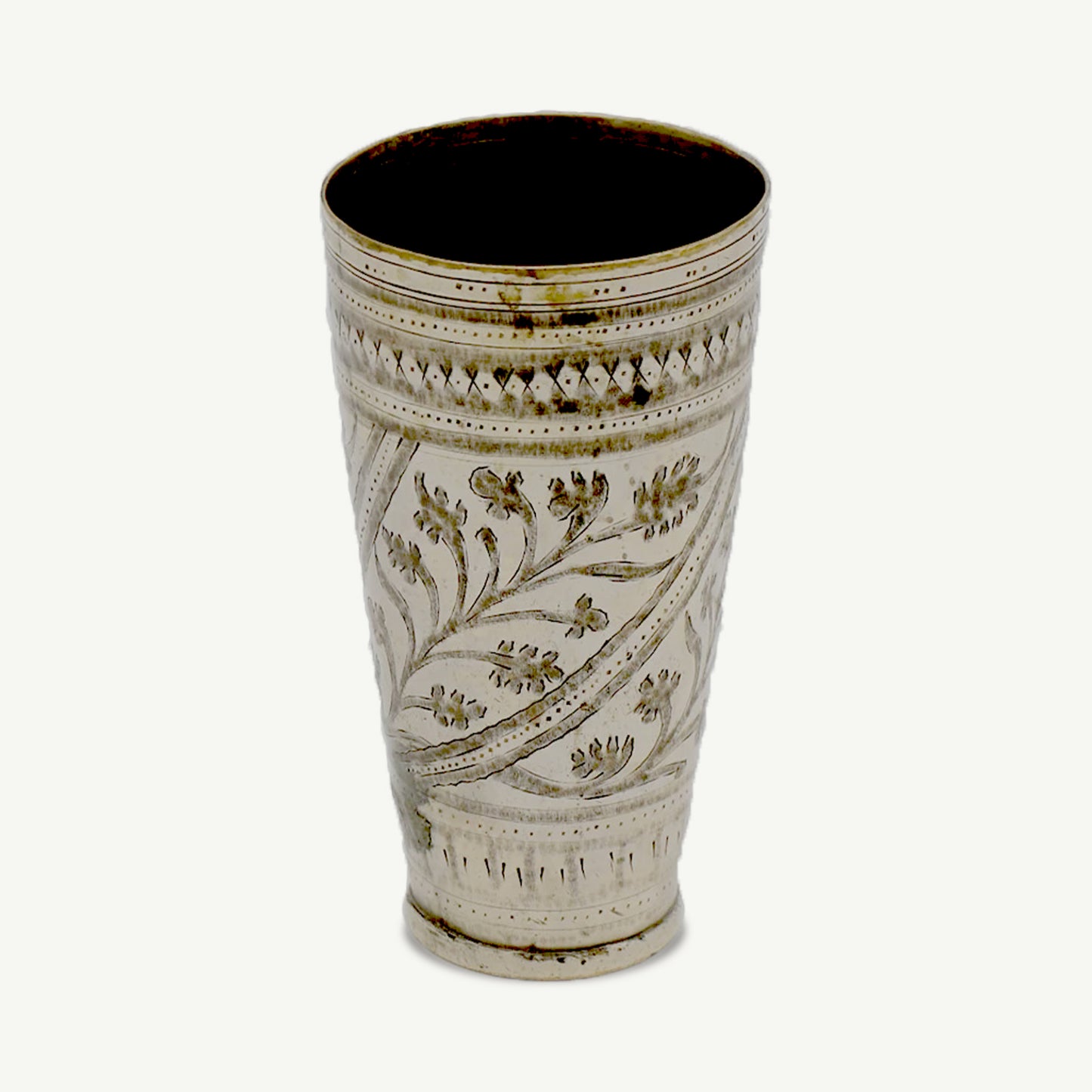 Vintage Hand-Etched Copper Glass | Middle Eastern Floral Engraved Cup | Collectible Metalware Vessel