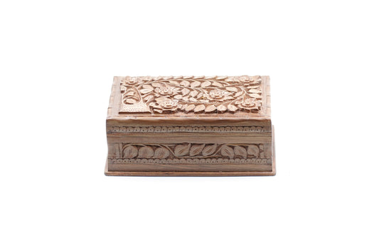 Hand-carved walnut wooden jewelry box