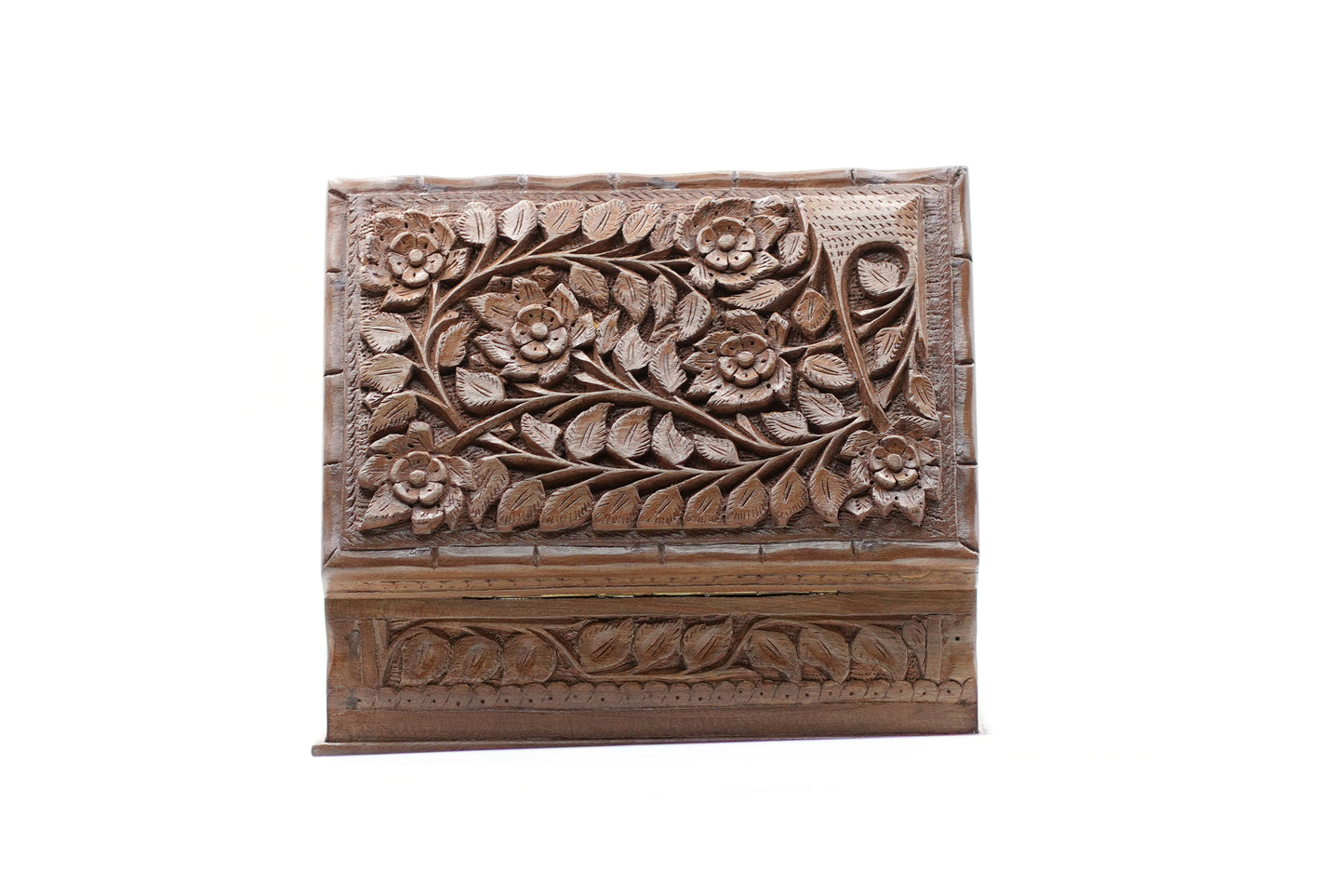 Hand-carved walnut wooden jewelry box
