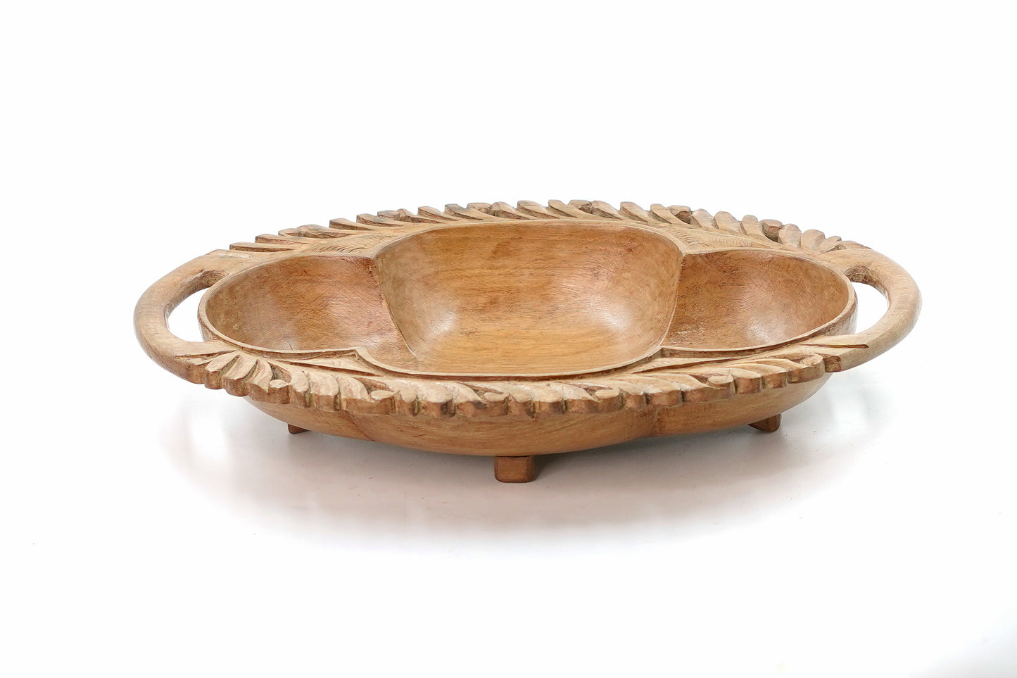 Hand-Carved Walnut Three-Compartment Serving Tray