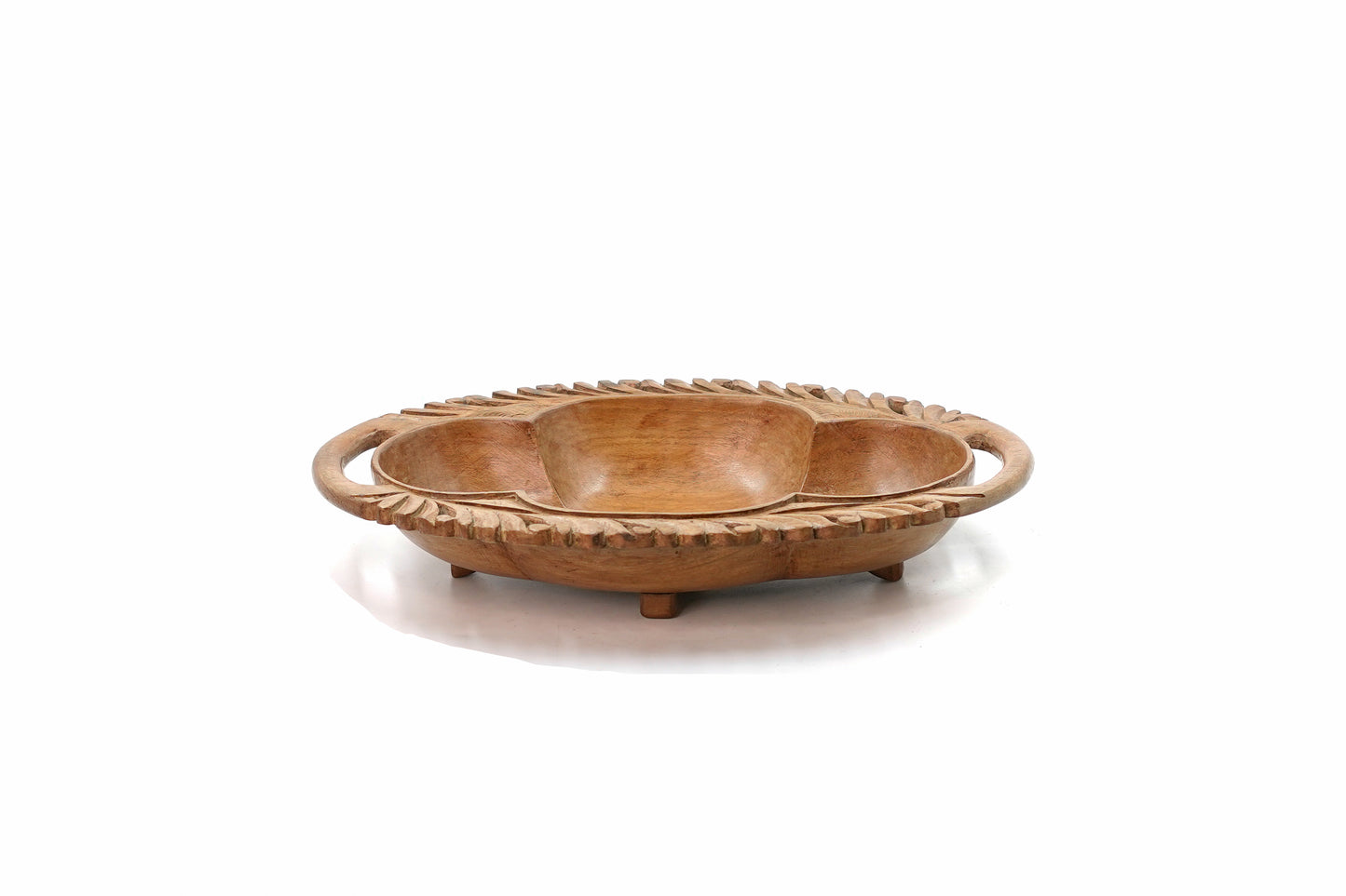 Hand-Carved Walnut Three-Compartment Serving Tray