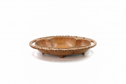Hand-Carved Walnut Three-Compartment Serving Tray