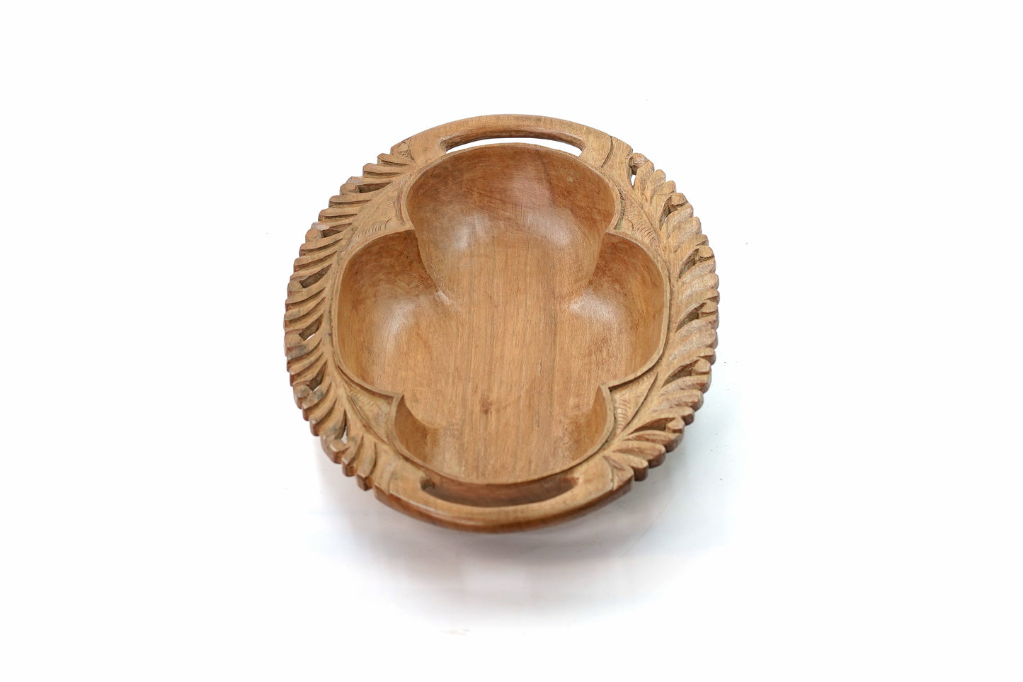 Hand-Carved Walnut Three-Compartment Serving Tray