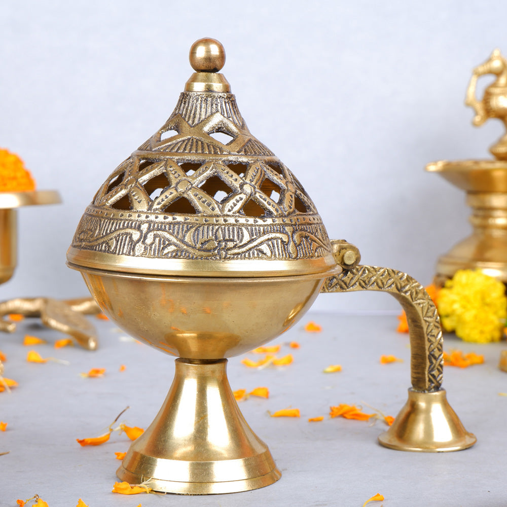 Brass Ethnic Carved Design Incense Burner with Handle