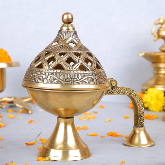 Brass Ethnic Carved Design Incense Burner with Handle