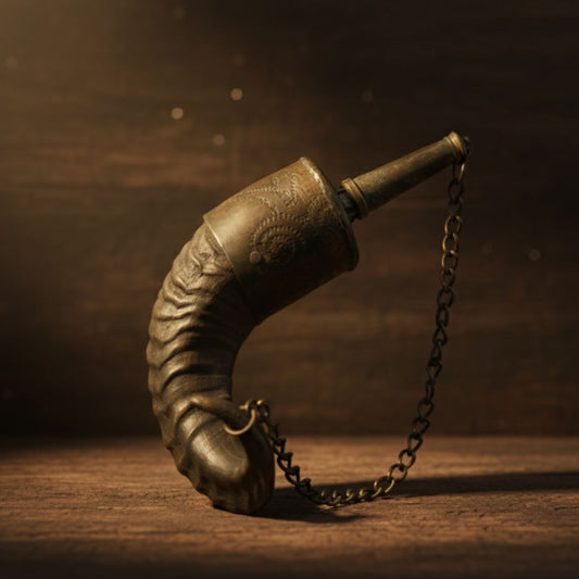 Vintage Handcrafted Horn Powder Flask | Tribal Middle Eastern Gunpowder Container with Metal Detailing