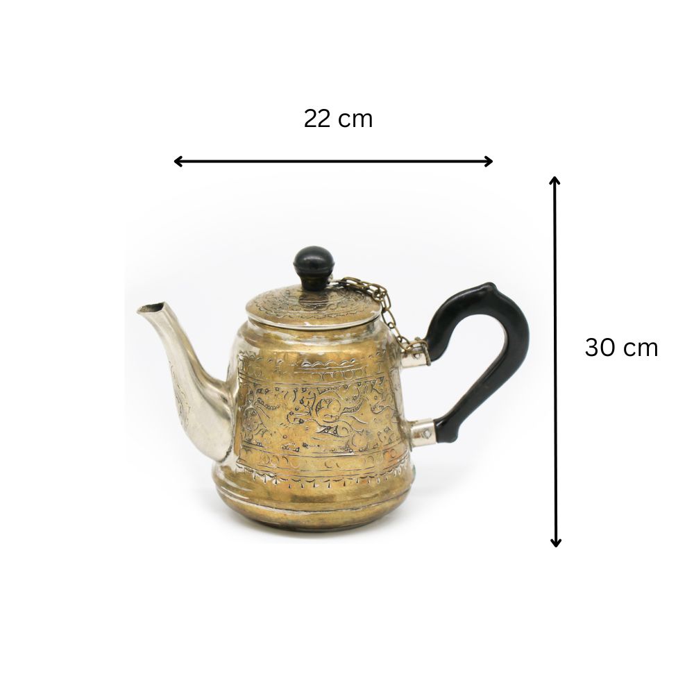 Vintage Handcrafted Copper Middle Eastern Teapot | Engraved Floral Design with Bird Finial & Turquoise Inlay