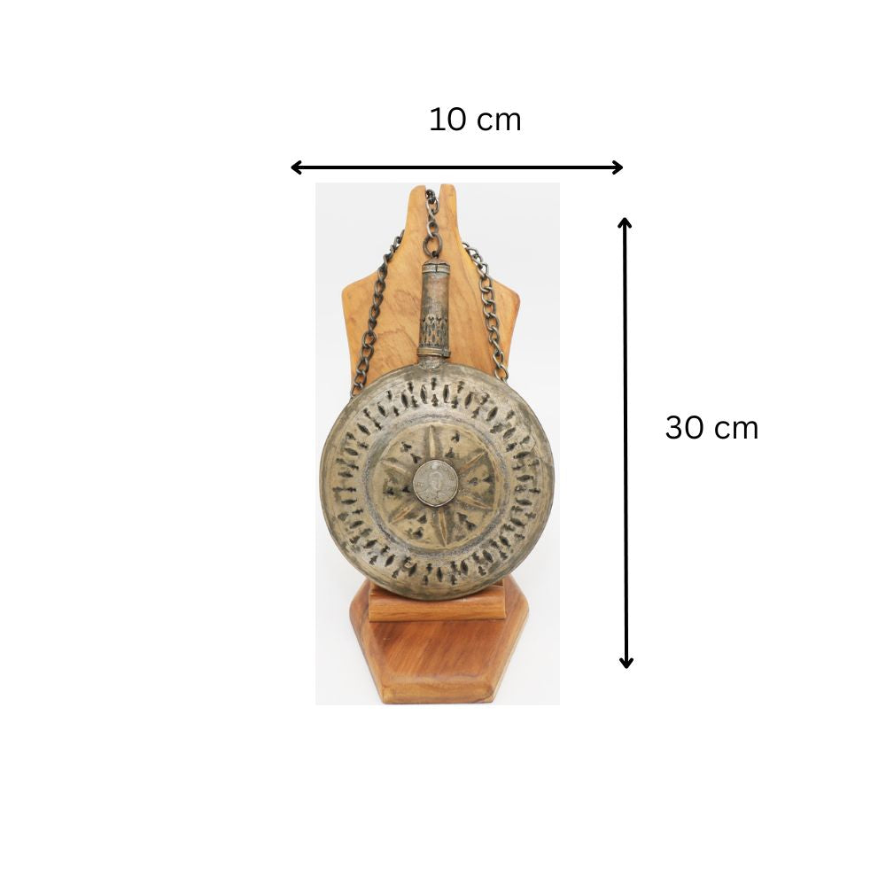 Vintage Copper Powder Flask with Coin Inlay | Hand-Etched Tribal Sunburst Design & Chain Stopper