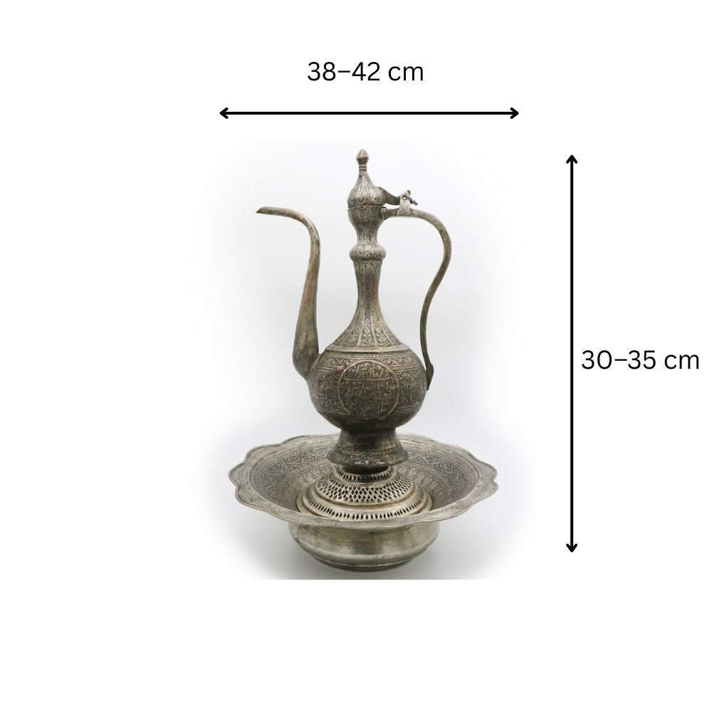 Vintage Middle Eastern Copper Ewer & Basin Set | Hand-Engraved Islamic Calligraphy & Arabesque Patterns