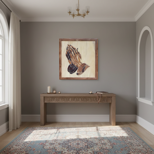 Hand-Inlaid Praying Hands of Jesus Wood Plaque