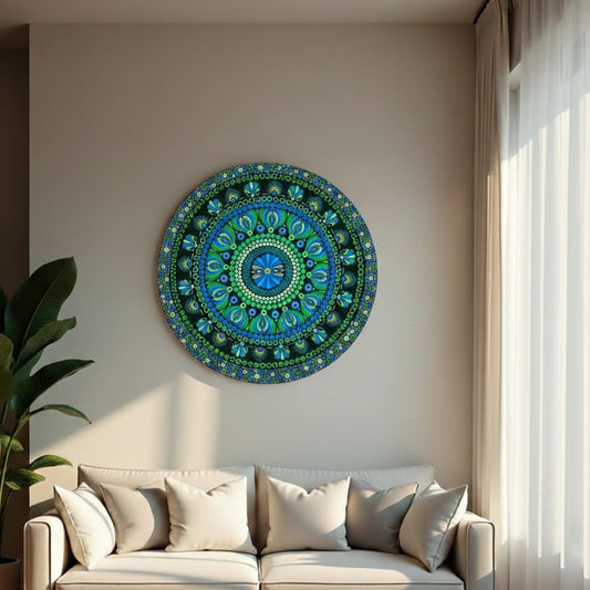 The Peacock Bloom: Handcrafted Emerald and Teal Dot-Painted Mandala Plaque