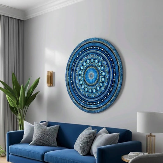 the Celestial Horizon: Handcrafted Blue Dot-Painted Mandala Plaque