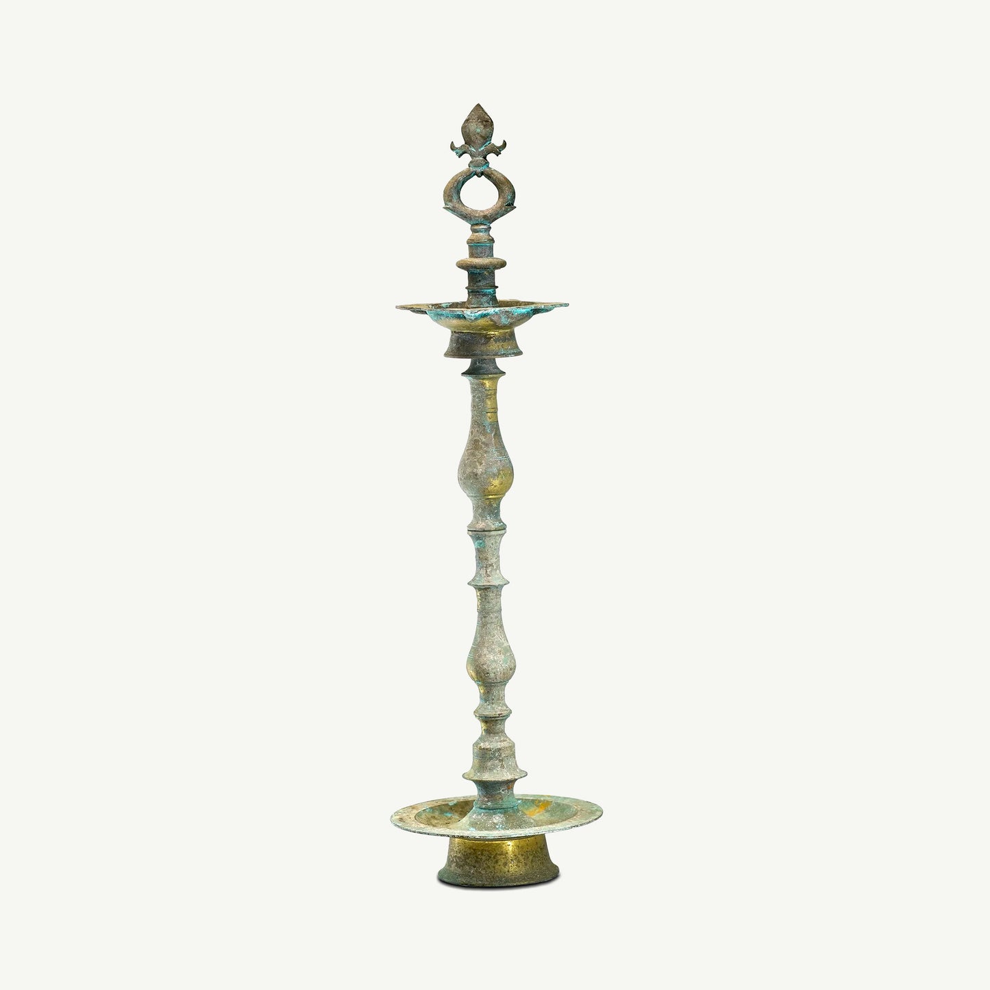Traditional Metal Oil Lamp Stand with Natural Patina