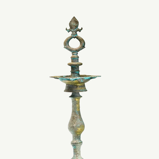 Traditional Metal Oil Lamp Stand with Natural Patina