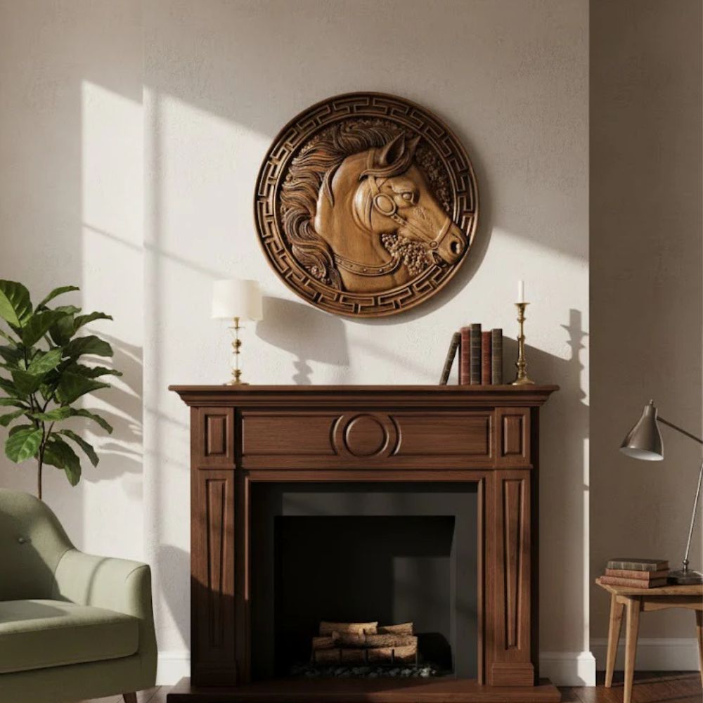 Decorative Art: Hand-Carved Wooden Horse Head Relief Plaque