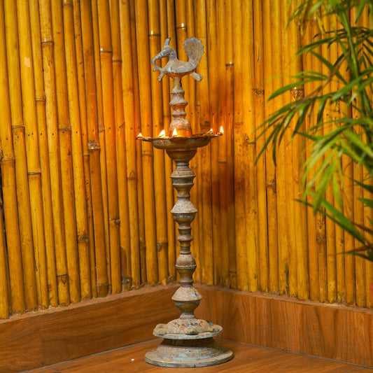 Tall Metal Oil Lamp Stand with Peacock Finial