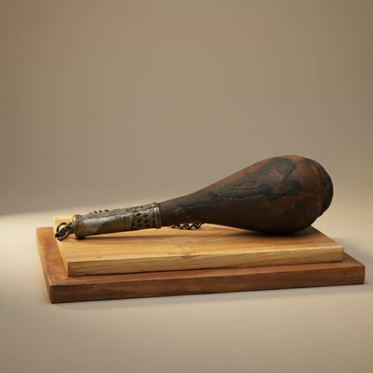 Vintage Middle Eastern Leather Powder Flask with Wooden Base | Handcrafted with Metal Accents & Camel Scrotum