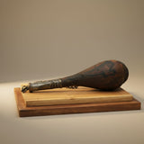 Vintage Middle Eastern Leather Powder Flask with Wooden Base | Handcrafted with Metal Accents & Camel Scrotum