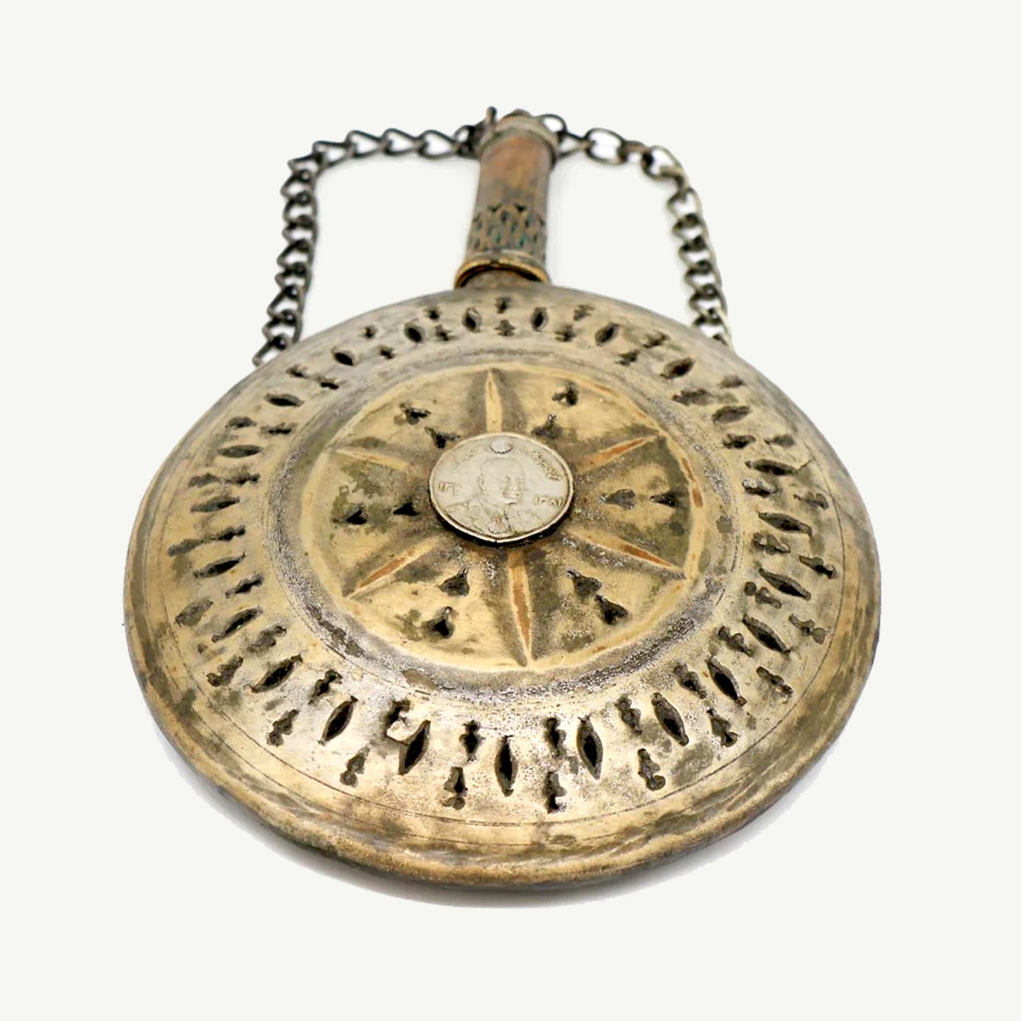 Vintage Copper Powder Flask with Coin Inlay | Hand-Etched Tribal Sunburst Design & Chain Stopper