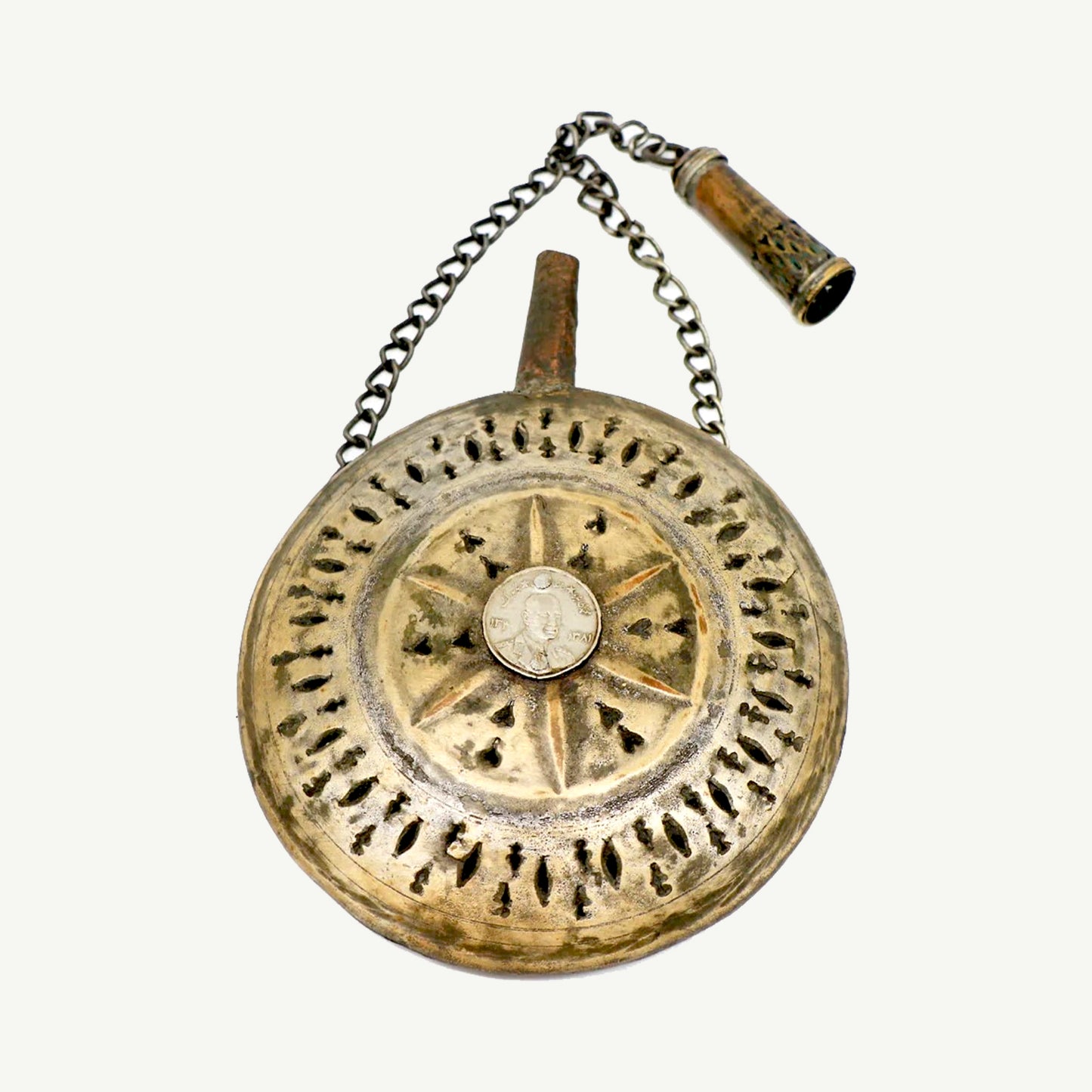 Vintage Copper Powder Flask with Coin Inlay | Hand-Etched Tribal Sunburst Design & Chain Stopper