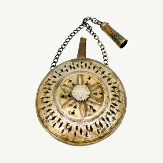Vintage Copper Powder Flask with Coin Inlay | Hand-Etched Tribal Sunburst Design & Chain Stopper
