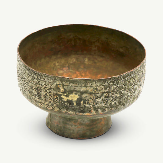 Vintage Hand-Etched Copper Tribal Pedestal Bowl | Ritual Offering Bowl | Ethnic Decorative Collectible