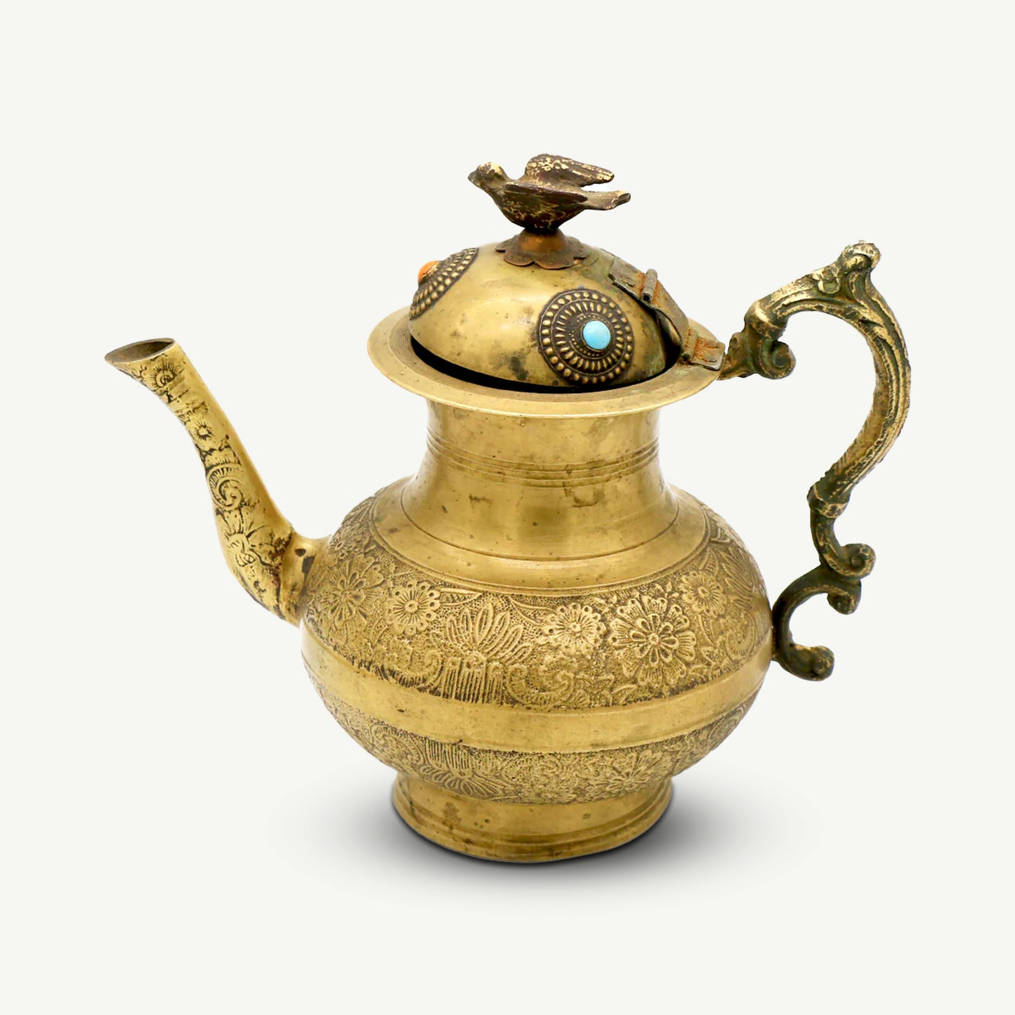 Vintage Handcrafted Copper Middle Eastern Teapot | Engraved Floral Design with Bird Finial & Turquoise Inlay