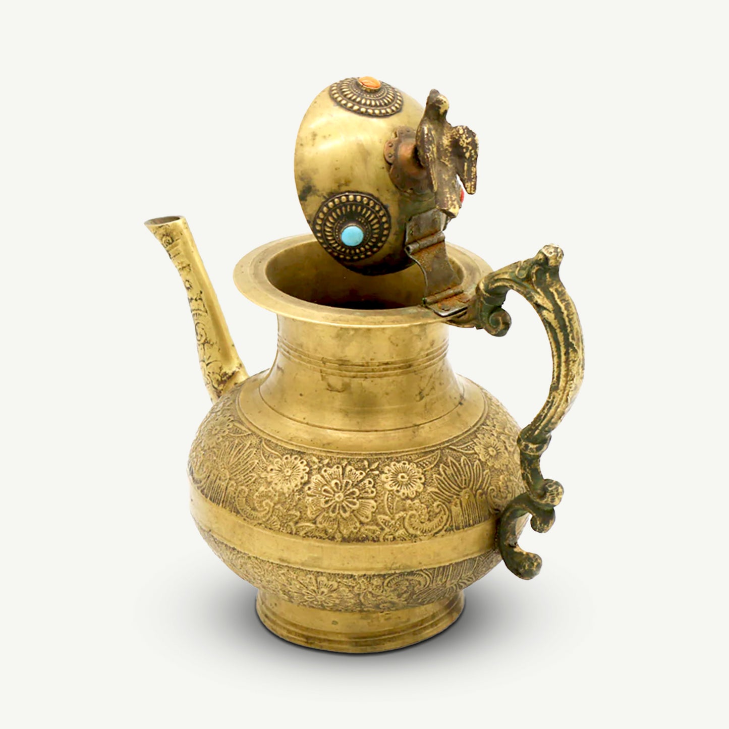 Vintage Handcrafted Copper Middle Eastern Teapot | Engraved Floral Design with Bird Finial & Turquoise Inlay