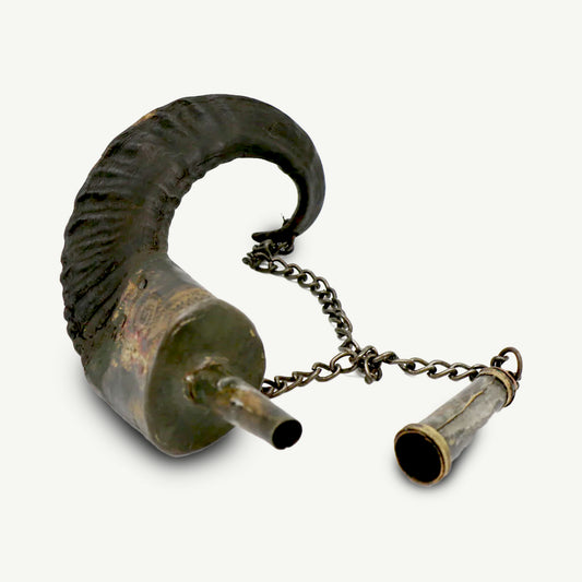 Vintage Handcrafted Horn Powder Flask | Tribal Middle Eastern Gunpowder Container with Metal Detailing
