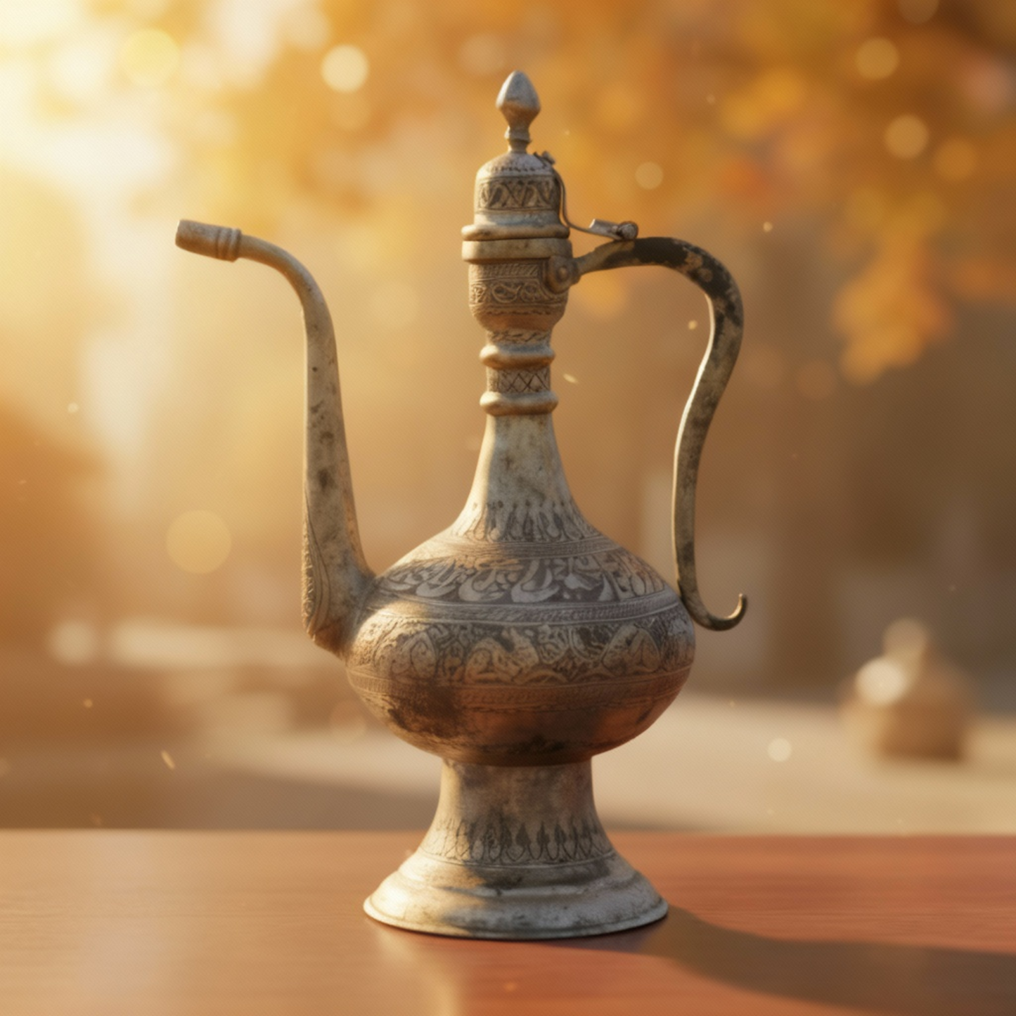 Vintage Hand-Engraved Copper Middle Eastern Dallah | Islamic Coffee Pot with Arabic Calligraphy & Floral Motifs