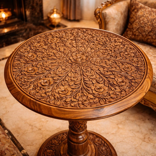 The Ziya Hand-Carved Floral Pedestal Side Table (MTO)