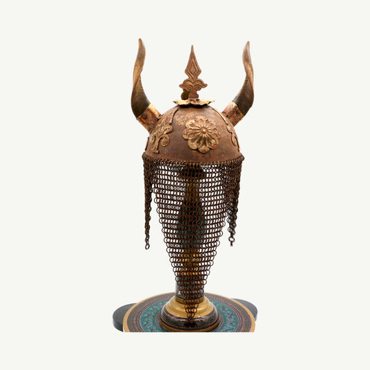 Vintage Style Decorative Horned Warrior Helmet with Chainmail Veil