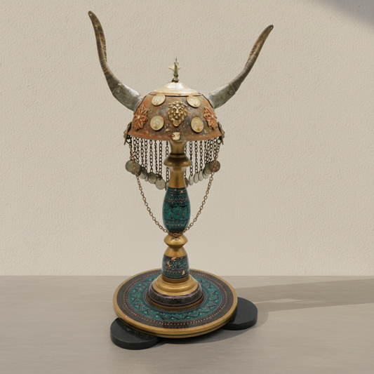 Vintage Copper & Horn Decorative Tribal Helmet with Stand | Handcrafted with Coin and Chain Adornments