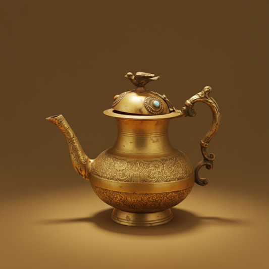 Vintage Handcrafted Copper Middle Eastern Teapot | Engraved Floral Design with Bird Finial & Turquoise Inlay