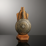 Vintage Copper Powder Flask with Coin Inlay | Hand-Etched Tribal Sunburst Design & Chain Stopper