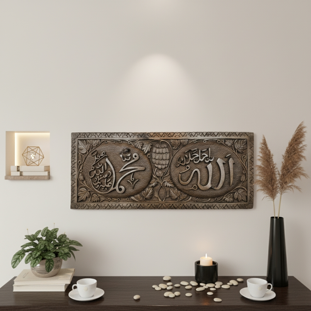 Eternal Reverence Walnut Wood Panel – "Allah Jalla Jalaluhu & Muhammad Sallallahu Alaihi Wasallam"