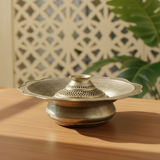 Vintage Middle Eastern Copper Basin with Pierced Pedestal | Hand-Engraved Islamic Arabesque Motifs