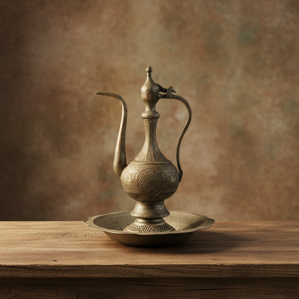 Vintage Middle Eastern Copper Ewer & Basin Set | Hand-Engraved Islamic Calligraphy & Arabesque Patterns