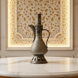 Vintage Hand-Engraved Copper Ewer with Stand | Middle Eastern Islamic Calligraphy & Arabesque Motifs