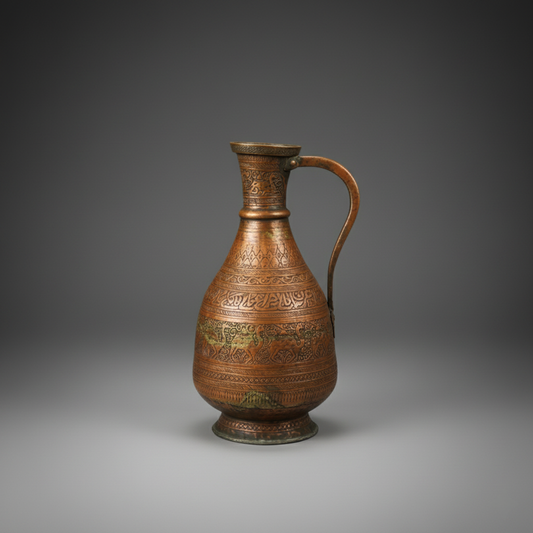 Vintage Hand-Engraved Copper Ewer | Middle Eastern Islamic Calligraphy & Animal Motif Pitcher